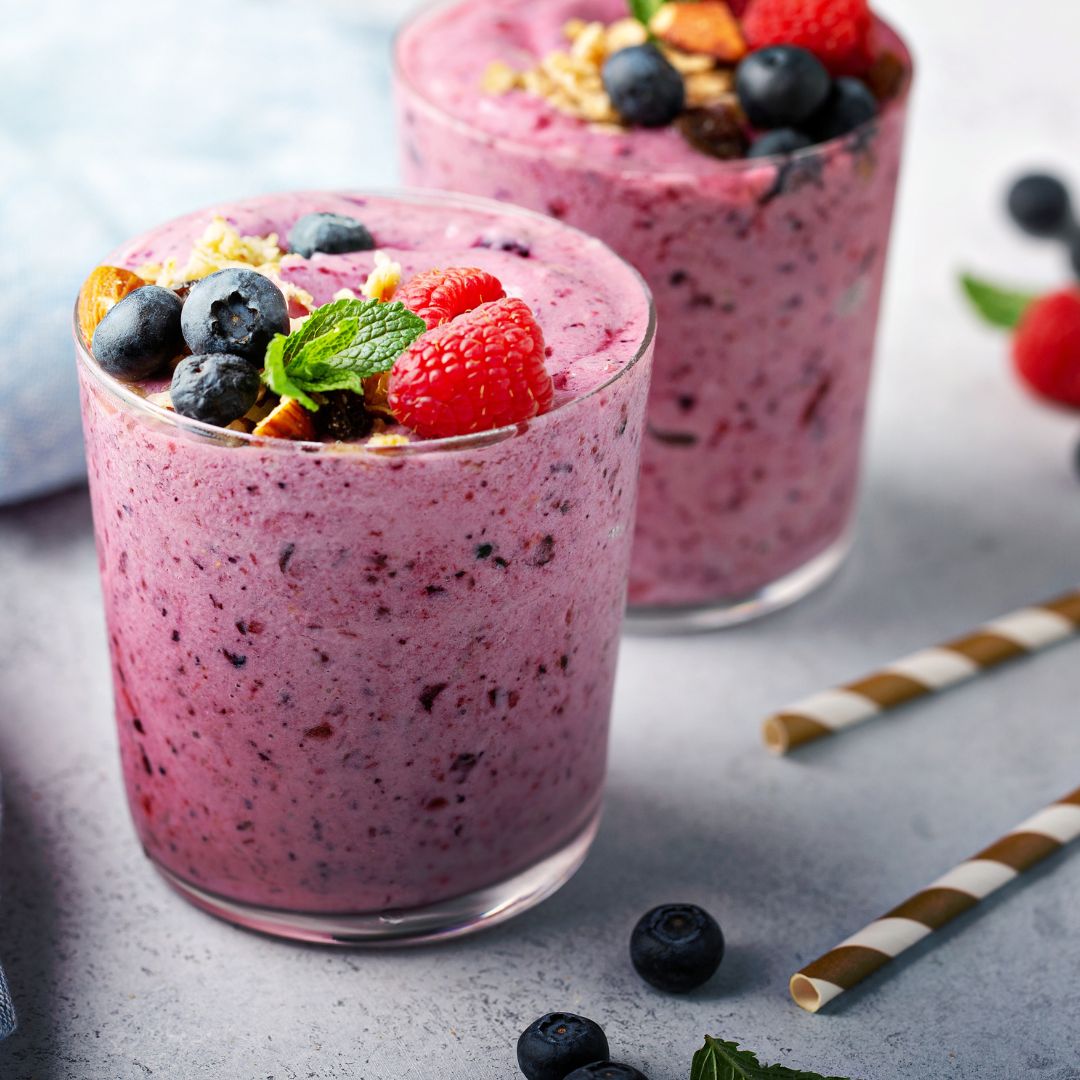 Berry smoothie rich in antioxidants for skin and hormone support.